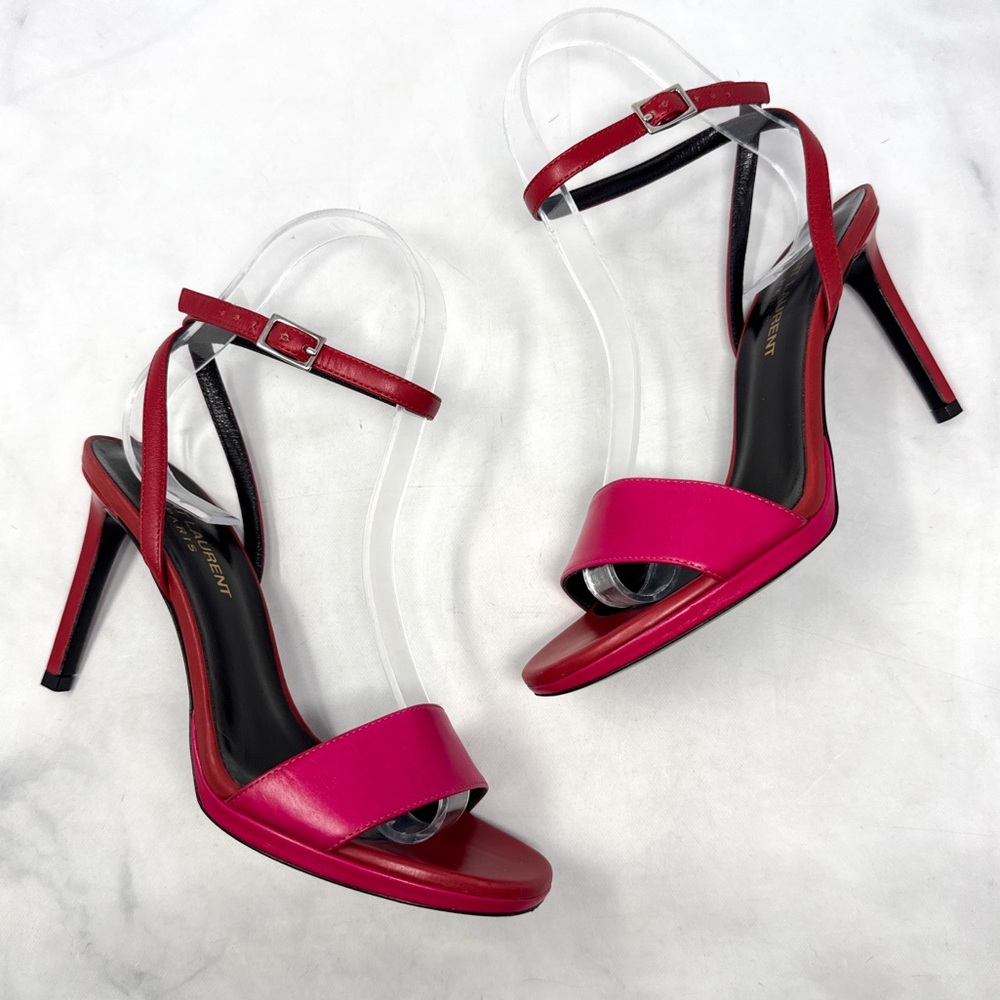 Saint Laurent Leather Wrap Around Ankle Strap Platform Sandal Heel Colorblock 36